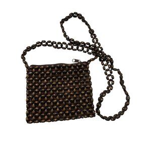 Vintage Giannini Wooden Beaded Crossbody Bag With Zipper Closure - Dark Brown Ch
